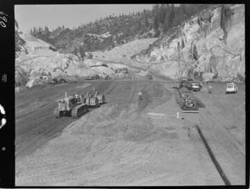 Big Creek - Mammoth Pool - Cutoff area from downstream with drill rig and trenching machine