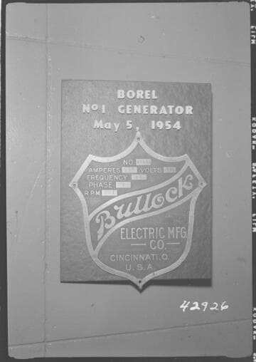 Borel Powerhouse - Generator Name Plate