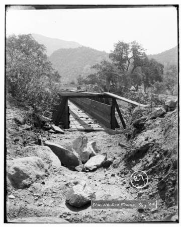 Station 116 at the end of the flume at Kaweah #2 Hydro Plant showing the mountains in the background