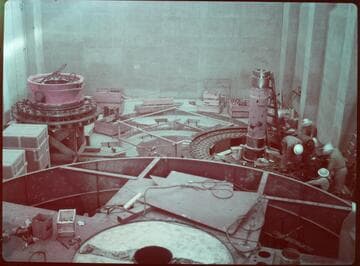 Big Creek #4 project: Construction shot inside Powerhouse #4.  Workers are assembling one of the vertical axis, Francis turbine-