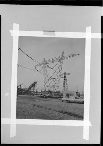 transition transmission tower at a substation