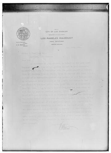 Letter to Wiliton S. Hamilton (Mono Power Co.) From W.B. Mathews (Los Angeles Dept. of Pubic Works/Los Angeles Aqueduct) regarding the construction of hydroelectric power projects in the Owens Valley.  No number originally assigned by Cal. Electric and