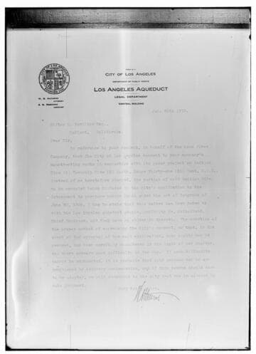 Letter to Wiliton S. Hamilton (Mono Power Co.) From W.B. Mathews (Los Angeles Dept. of Pubic Works/Los Angeles Aqueduct) regarding the construction of hydroelectric power projects in the Owens Valley.  No number originally assigned by Cal. Electric and