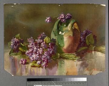 [Purple flowers on table and in ceramic vase]