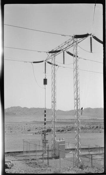 H-Frame steel lattice tower at substation site on Boulder T/L