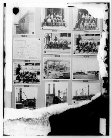 This is a multi-image negative that depicts a map of votes, group photos, and L.B.S.P. construction. Undamaged images included on the plate are copies of original negatives: 02 - 02018; 02