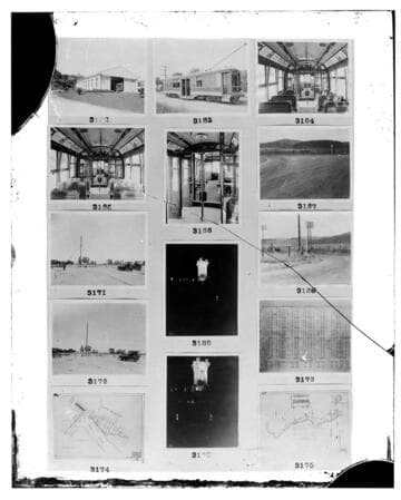 This is a multi-image negative that depicts the Santa Barbara & Suburban Railway Co., charts, maps, night shots, flagpole erection at Exposition Park, and an accident in Boyle Heights. Images included on the plate are copies of original negatives: 02 - 03162; 02