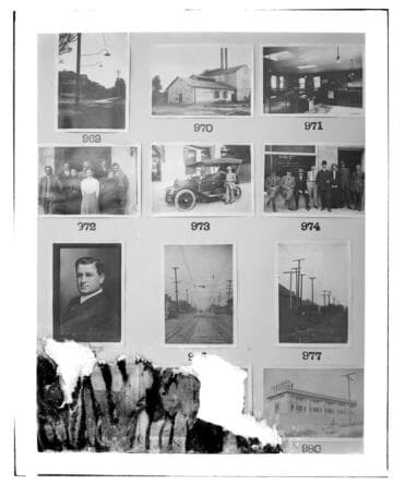 This is a multi-image negative that depicts concrete light poles, railroads, portraits, group shots, substations, and transmission towers