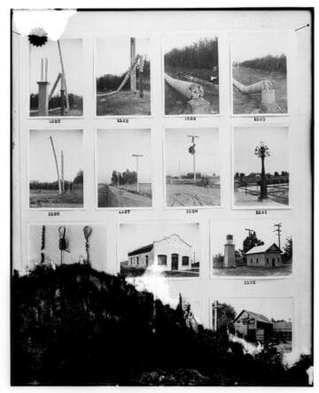 This is a multi-image negative that depicts substations, concrete pole tests, wood pole tests, and streetlighting. Undamaged images included on the plate are copies of original negatives: 02 - 01522; 02
