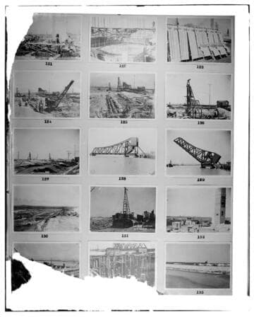 This is a multi-image negative that depicts construction at Long Beach Steam Plant. Undamaged images included on the plate are copies of original negatives: 02 - 00121; 02