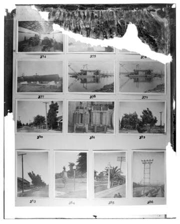 This is a multi-image negative that depicts a hydro plant, dredger, tree trimming, street lighting, and transmission. Undamaged images included on the plate are copies of original negatives: 02 - 00374; 02