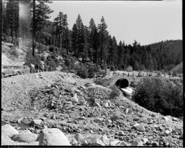 Big Creek tour group visiting the end of Ward Tunnel where it enters Rancharia Creek above Huntington Lake