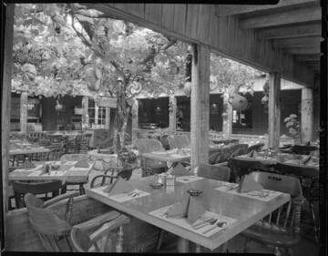 Outdoor dining area under a grape arbor at "La Parra" restaurant with 3 variants showing gas stoves and brick work in kitchen
