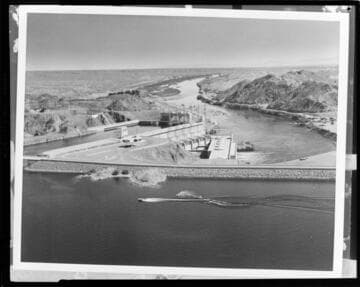 Marina on a lake, and a Hydro Plant below an earth-fill dam on what looks like the Colorado River