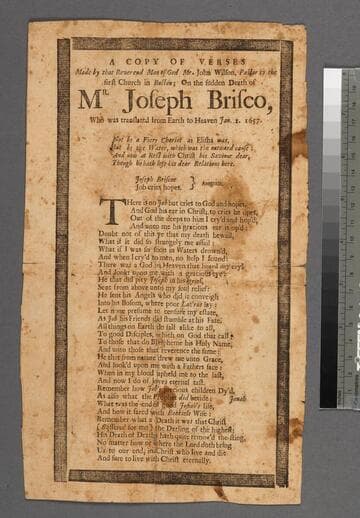 A copy of verses made by that reverend man of God Mr. John Wilson, pastor to the first church in Boston  on the sudden death of Mr. Joseph Brisco, who was translated from earth to heaven Jan. 1, 1657