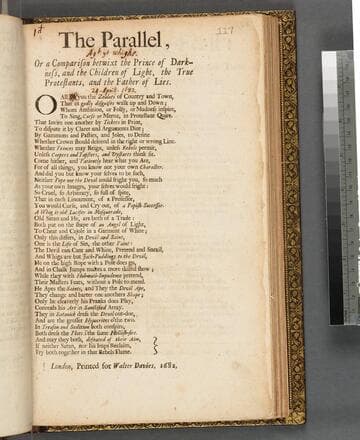 The parallel, or a comparison betwixt the Prince of Darkness, and the children of light, the true Protestants, and the father of lies