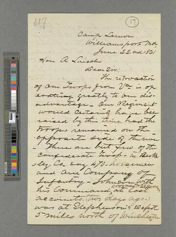 Ward Hill Lamon, Camp Lamon, Williamsport, Maryland, letter to Abraham Lincoln