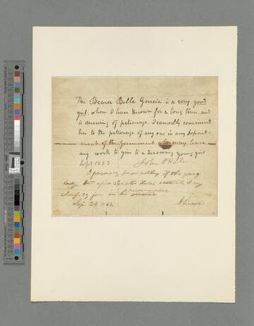 John P. Hale letter recommending Belle Garcia