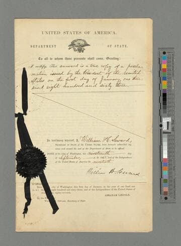 William H. Seward, Washington, D.C., certified copy of Emancipation Proclamation