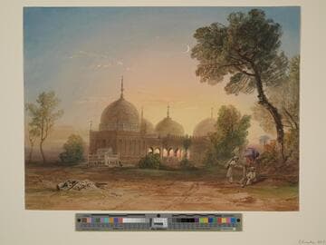 View at Scinde, Four Domed Structures Against a Sunset