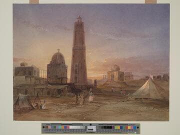 View at Scinde, Tower, Tombs and Tent at Sunset
