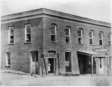 Los Angeles Times first office, Temple and New High Streets, ca. 1875