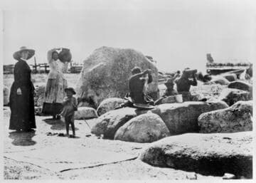 Winnowing wheat and pounding flour, Mission Indians
