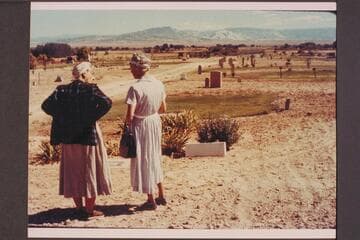 Dora Goodman and Margaret Marston at grave of Frank V. Goodman