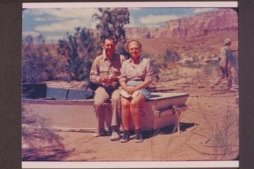 Malcolm and Fredonia Moss at Lees Ferry.  End of San Juan run with Nevills