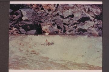 One of the Mexican Hat Expedition sadirons in Horn Creek.  Bright Angel gauge:  July 19:  19,700 cfs.  July 20:  18,500 cfs.  July 21:  17,400 crfs