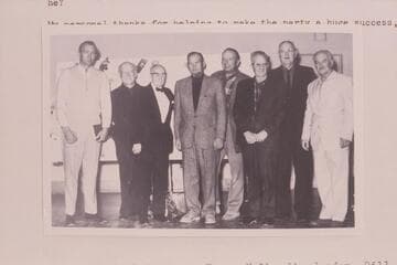 Group at Emery Kolb's birthday party at the Grand Canyon:  Gay Staveley, Dock Marston, Emery Kolb, Jim Jordan, Bill Belknap, Elwyn Blake, Ed Hudson and Harry Aleson