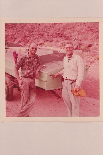 Ed Nichols and Ed Hudson with the inboard boat "Finally" at Lees Ferry after completion of run from Glenwood Springs, Colorado