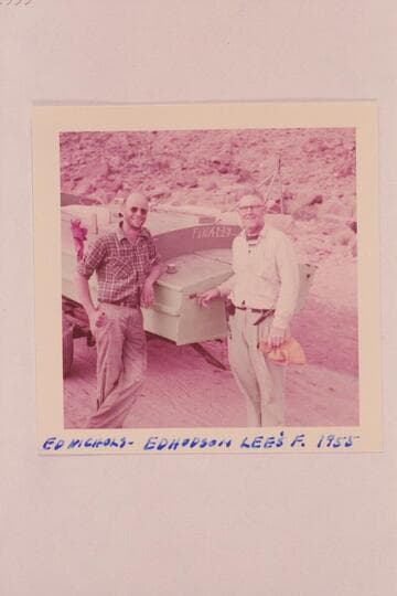 Ed Nichols and Ed Hudson with the inboard boat "FINALLY"; Lees Ferry after completion of run from Glenwood Springs, Colorado