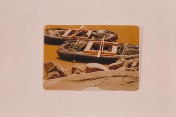 Two of the inflated rafts used by the USGS party through Cataract Canyon in 1956, July.  Moored at Mile 178 1/2