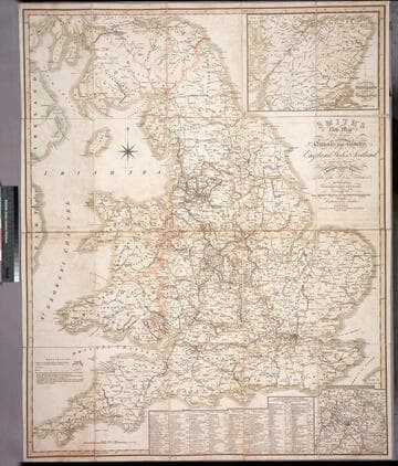 Smith's new map of the navigable canals and ri vers, of England, Wales & Scotland : distinctly shewing the length of each line, and the dates of the Acts of Parliament which have passed for executing the same ; containing also the direct roads to the principal places, with their distance from London