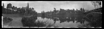 Bridge, lake, and boathouse, Hollenbeck Park, Los Angeles. December 1, 1922