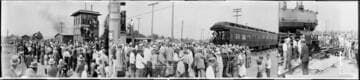 Union Pacific train at first demonstration of a "continuous rail" crossing, South Gate. August 7, 1930