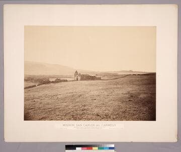 Mission, San Carlos del Carmelo. / Monterey County, California, Established June 3d, 1770. View looking West, with glimpse of Carmel Bay