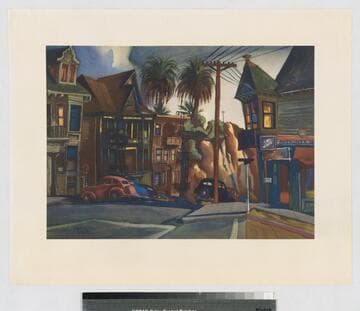 [Parked cars along sloped city street]