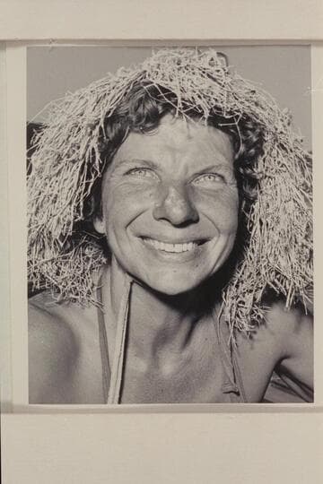 Georgie White wearing remnants of hat at end of Grand Canyon traverse.  Temple Bar; Lake Mead
