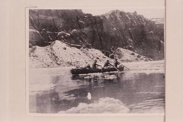 One of the boats of the Stanton-Ginty party in Glen Canyon. The party left Crescent Creek in 1897, Oct., and arrived at Lees Ferry in 1898, Jan