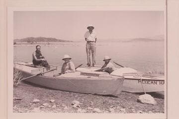 Chester Klevin; Bert Loper; Bill Gibson; Don Harris.  On arrival at Lake Mead following traverse of the Grand Canyon in 1939 when Loper was close to 70 years of age