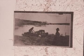 Jagerson's Tunnel Boat.  Loading for transportation on Colorado River.  Someone's wagon and equipment