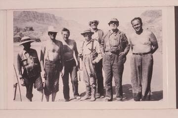 Julius F. Stone et al on arrival at Lees Ferry after completing a traverse of Glen Canyon.  Left to right:  Charles Kelly; Frank Swain; George Stone; Dr. Inglesby; William Chryst; Julius Stone; Russell Frazier