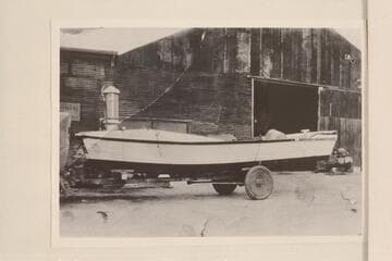 Albert Jagerson's motor boat, 22 ft. long with sheet metal bottom on wooden hull.  Tunnel boat used on River at time of construction of Hoover Dam.  Later remodeled and taken to Mormon Lake
