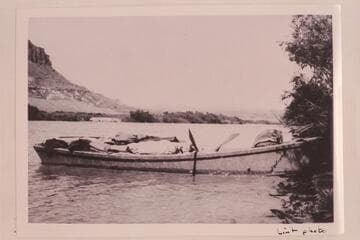 Skiff used on San Juan survey of 1921.  Lint was with the party which surveyed Cataract Canyon and met the San Juan party near the mouth of the San Juan.  Possibly used in the LaRue junket in Glen Canyon in 1922