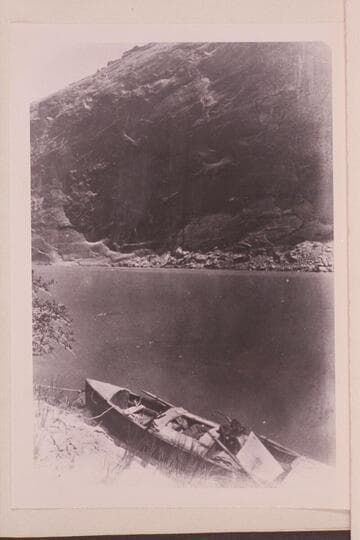 [photo from a stereo] "Views on the Colorado River," Glen Canon Series.  The photo shows the "Canonita" moored to the bank in Glen Canyon during the run from the Dirty Devil River to Lees Ferry in 1872, June-July
