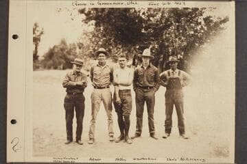 Group at Green River, Utah: Harry Howland, water gauger; Adger; Felton; Weatherhead; "Chris" McGregory
