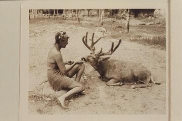 Margaret Marston and the tame buck at Phantom Ranch
