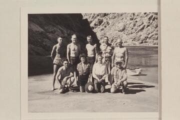 Reilly-Fulmer party at Spencer Canyon.  Front: Carl Pederson, Susie Reilly, Esther Litton, Paul Terry.  Back: Tommy Cox, Brick Mortenson; Pat Reilly; Martin Litton; Moulty Fulmer